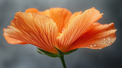 Single orange flower with morning dew, soft backlight. Nature's delicate beauty in a drop.