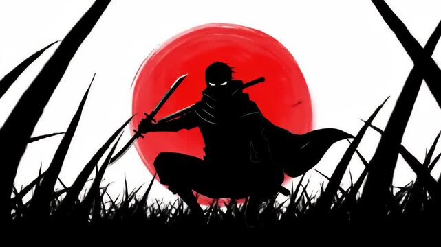 Silhouette Warrior with Swords Against Red Sun