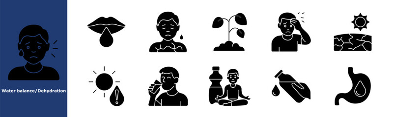 Dehydration black set icon. Crying, lips, chest pain, wilted plant, headache, cracked ground, sun exposure, warning, drinking, yoga, stomach fluid.