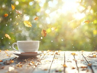 Warm Autumn Mood with Falling Leaves and Steaming Tea Cup