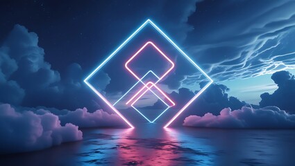3d rendering, abstract futuristic background with neon geometric shape and stormy cloud on night sky. Rhombus frame with copy space