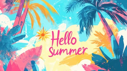 Hello summer text on abstract background with palms