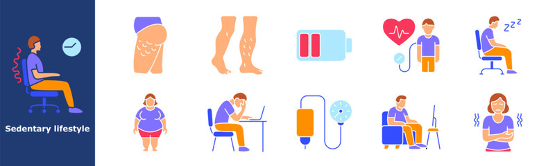 Sedentary lifestyle set icon. Office chair, clock, varicose veins, obesity, leg pain, fatigue, blood pressure, stress, low energy, sleepiness, poor posture, inactivity, digestive issues, heart problem