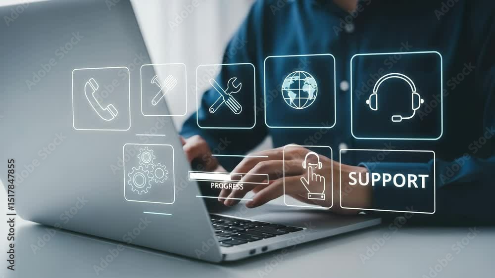Poster person typing on laptop with support icons and progress bar overlayed on the screen digitally