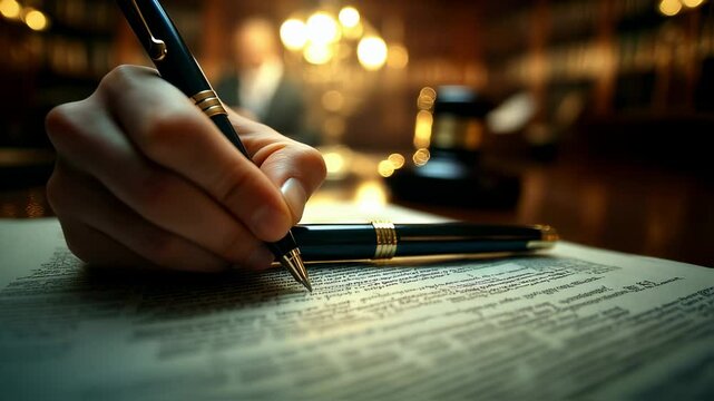 Close-up capturing a pen resting on legal documents in a sophisticated office setting, illuminated by warm, ambient lighting evoking professionalism and trust