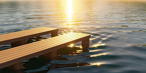 Wooden Dock Extending Over Calm Waters at Golden Sunset

