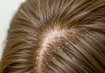 Closeup of Dandruff on Brown Hair Scalp Medical Dermatology Health Condition
