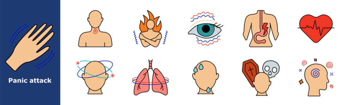 Panic attack set icon. Shaking hand, throat tension, burning body, visual disturbance, digestive cramp, rapid heartbeat, spinning, dizziness, lung strain, sweating, fear of death, spiral thoughts