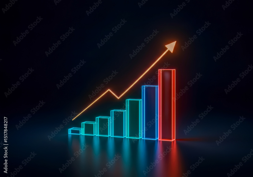 Poster abstract neon bar graph showing exponential growth and financial success business data visualization