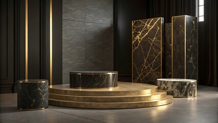 Dark Luxury Background with Marble Pedestal and Golden Circle