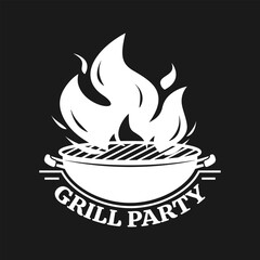 Grill party logo or icon. Barbecue, BBQ label with fire flame. Vector illustration.
