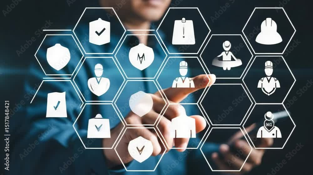 Leinwandbilder man interacting with digital icons representing safety and compliance on a virtual interface