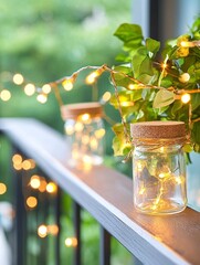Warm White Fairy Lights in Glass Jars Decorated on Balcony Railing