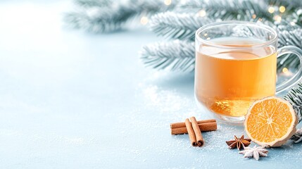 Warm Winter Tea with Cinnamon and Orange on Blue Background