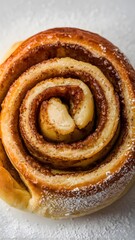 Fototapeta premium Detailed shot of a cinnamon roll showing cinnamon sugar swirl and glaze on white – cinnamon roll wallpaper – bakery wallpaper – cinnamon roll image
