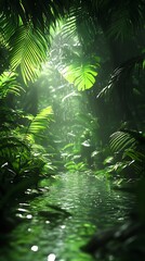 Obraz premium Emerald Serenity: A Lush Tropical Landscape with Glistening Stream and Verdant Foliage