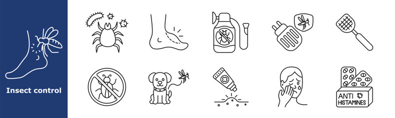Insect control set icon. Mosquito on leg, tick, bite wound, repellent sprayer, plug-in device, swatter, bug warning, dog with insect, anti-itch cream, allergic skin, antihistamine medication.