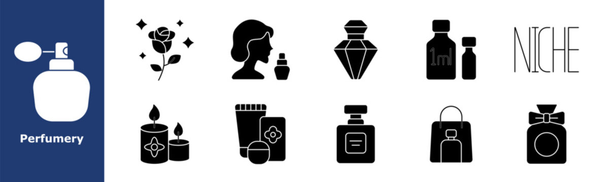 Perfumery set icon. Flacon, sparkling rose, woman with atomizer, faceted bottle, 1ml sample, minimal label, spa candles, tubes, round perfume, pink bag, decorative bow, luxury fragrance.