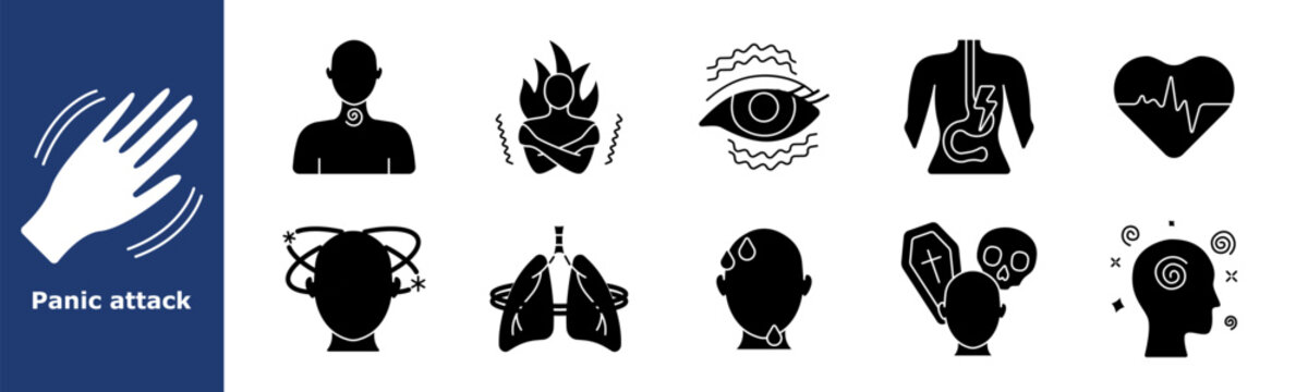 Panic attack set icon. Trembling hand, tight throat, woman in panic, eye tremor, stomach pain, heart pulse, head spinning, lungs, sweat, death fear, dizziness, mental pressure.