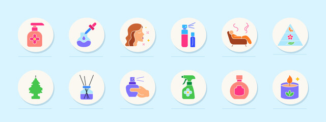 Fototapeta premium Aroma therapy set icon. Soap, pipette, scent profile, bottle spray, couch relax, fragrance pyramid, air freshener, stick diffuser, home sprayer, bottle cap, candle.