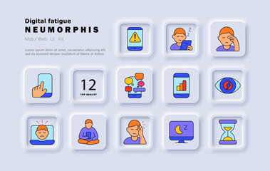 Digital fatigue set icon. Warning screen, mobile use, tired eyes, finger tap, headache, overloaded chat, chart, alert face, sleep monitor, sandglass.