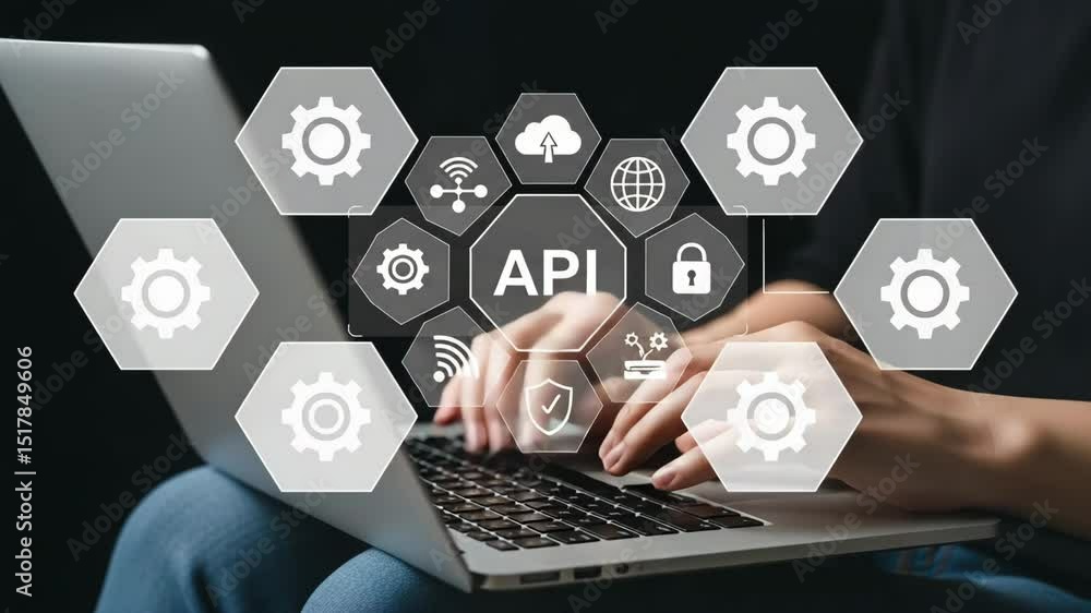 Poster Person typing on laptop with api interface overlay showing cloud and security icons displayed above keys