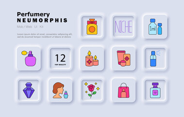 Perfumery set icon. Atomizer, fragrance bottle, niche perfume, aroma candle, tester vials, skincare, spray, flower scent, rose, cosmetics, elegance, shopping bag.