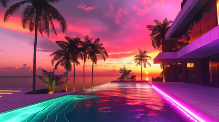 A modern house with a pool, glowing with neon color explosions and vibrant electronic lights in viva magenta, set against the backdrop of a lively summer beach scene.