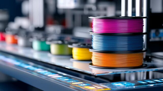 Vibrant filament spools neatly stacked beside 3d printer, representing cutting edge additive manufacturing technology and creative production potential