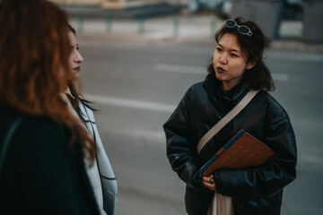 Three women having a conversation outdoors, showcasing interaction, relationship, and urban life.