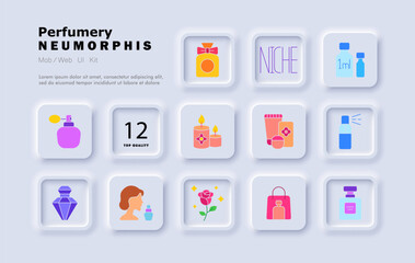 Perfumery set icon. Glass bottle, aroma candle, floral cream, atomizer, gift bag, rose, niche label, test sample, woman, cosmetic set, decorative cap, fragrance mist.