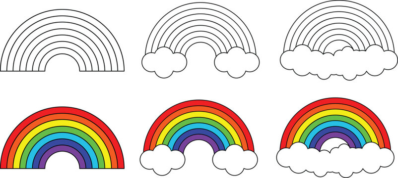 set of cloud rainbow icon in outline  and flat style, Colorful rainbow icon , stock vector