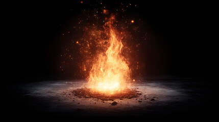 Campfire on the ground at night with sparks flying, outdoor fire scene
