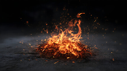Campfire on the ground at night with sparks flying, outdoor fire scene
