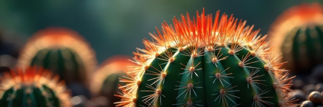 A spiky, spherical cactus with dense, sharp spines , botany, outdoor