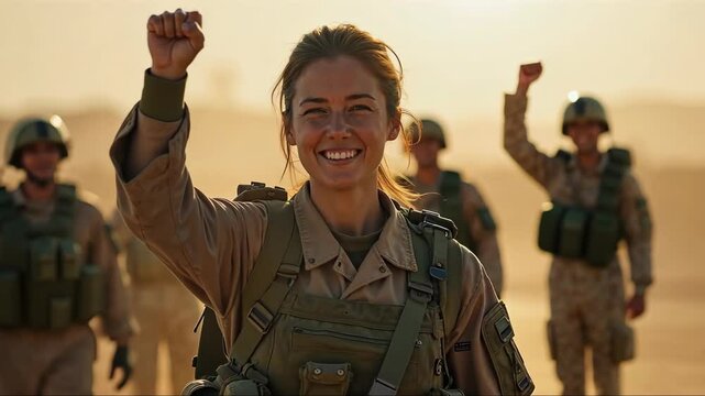 A woman in a military uniform stands tall, her right arm is raised in a fist pump after a successful mission. The background filled with tired but Happy colleagues in the military.