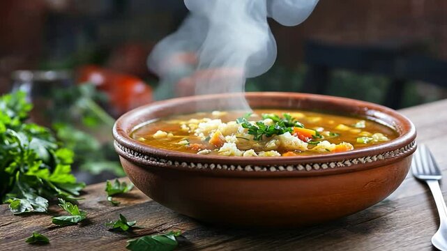 Steaming hot bowl of vegetable soup on a rustic wooden table. Garnish with fresh parsley. The soup is golden yellow in color.