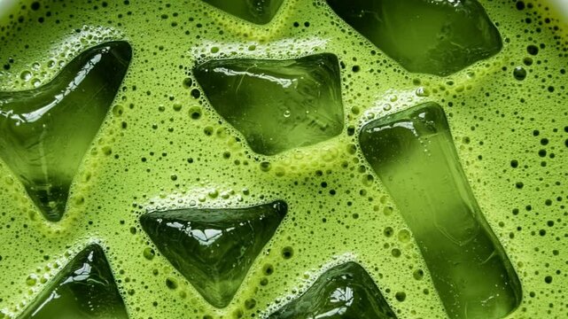 Macro shot of iced matcha green tea with foam and ice cubes