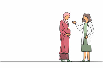 Continuous one line drawing Arab pregnant woman at doctor's appointment. Female expecting baby visits doctor's office, examination during pregnancy. Single line draw design vector graphic illustration