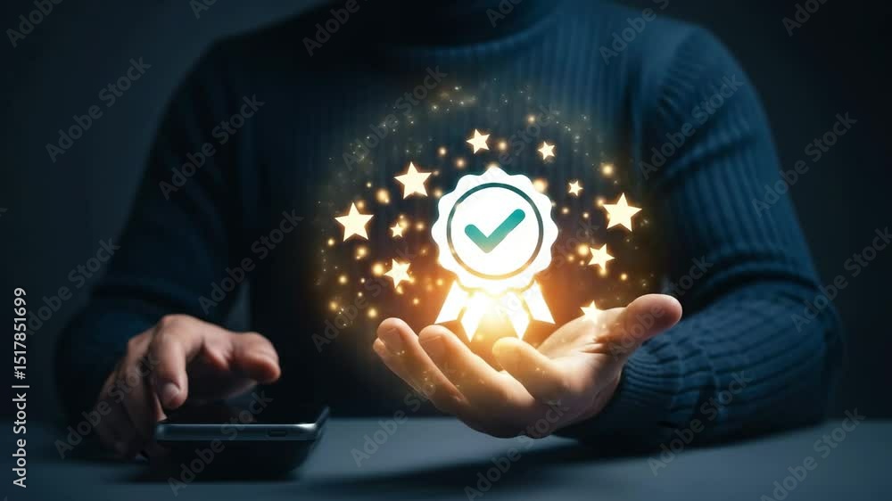 Poster person holding glowing quality badge with checkmark surrounded by stars and phone on table