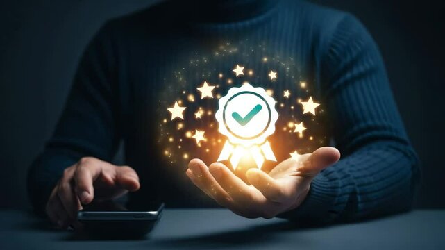 Person holding glowing quality badge with checkmark surrounded by stars and phone on table