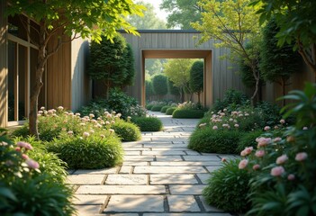 Obraz premium modern garden pathways stone textures landscaping design serene outdoor environment natural elements walkway, flora, tiles, patio, hedge, surface, gravel