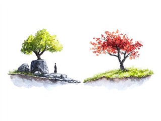 Watercolor Painting of Two Trees and a Person