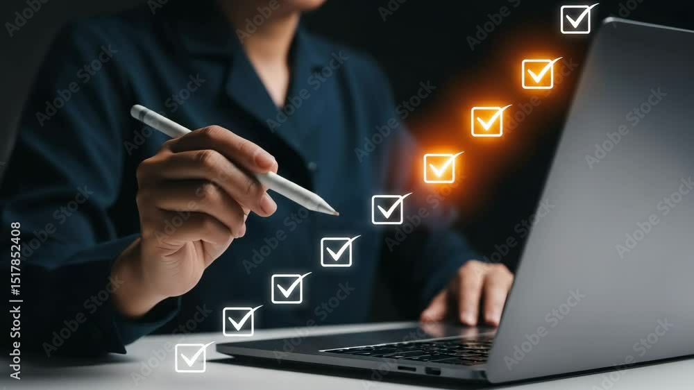 Aufkleber person using stylus on laptop with glowing checklist boxes for digital task management system