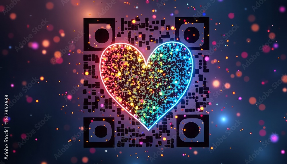 Aufkleber a vibrant digital illustration of a qr code with a heart-shaped design and bokeh effect.