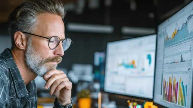 Analyzing Data: A seasoned professional intently reviews complex data visualizations on multiple computer screens in a modern office setting.