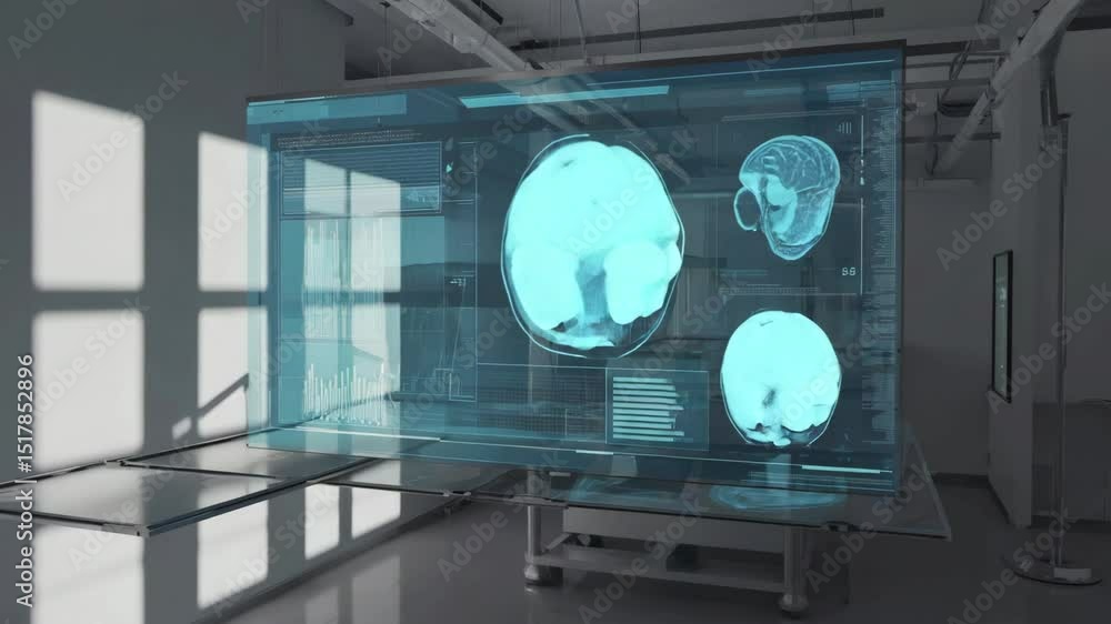 Aufkleber high-tech medical lab where cyan holographic screens hang from the ceiling, displaying rotating 3d s