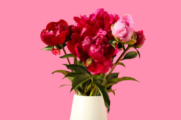 Vase with beautiful peony flowers on pink background
