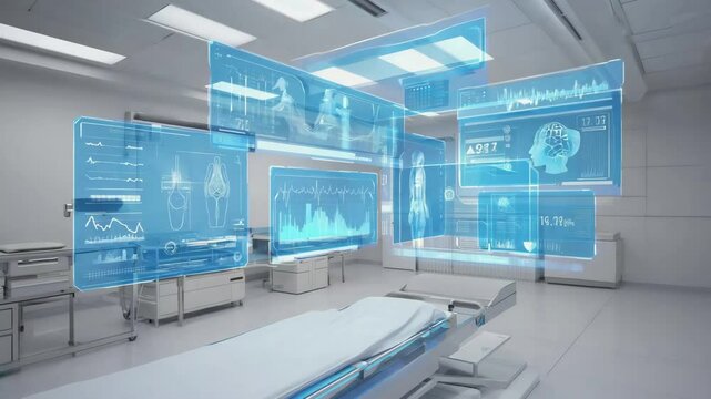 High-tech medical lab where cyan holographic screens hang from the ceiling, displaying rotating 3D scans of brain organs and real-time data metrics