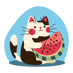 Cute cartoon cat with whiskers holds a large piece of watermelon. Summer threading. Vector graphics.